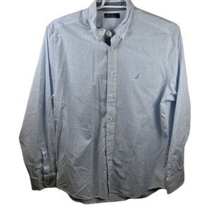 Nautica Shirt Men's Large White With Blue Stripes Long Sleeve Button Up Shirt